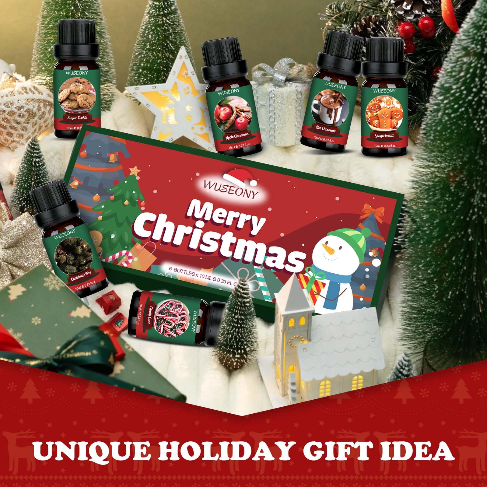 WUSEONY Christmas Fragrance Oils Set, Essential Oils for Diffusers Home, Aromatherapy Oils Gift for Candle Making - Christmas Tree, Apple Cinnamon, Gingerbread, Candy Cane, Sugar Cookie, Hot Chocolate