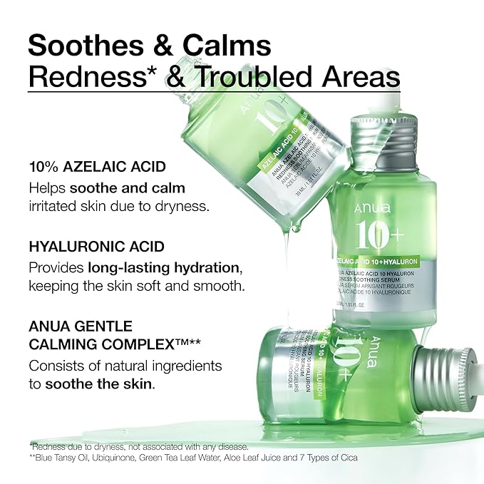 Anua Azelaic Acid 10 Hyaluron Redness Soothing Serum, Facial Serum for Blemish-Prone & Oily-Prone Skin, Lightweight & Hydrating Blemish Care, Hyaluronic Acid, Korean Skincare, 1.01 fl oz.