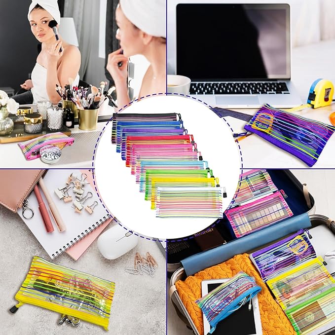 CarryEpic Mesh Bags with Zipper (10 Pack), Small Nylon Makeup Bag Cosmetic Pouches Travel Organizer for Purse Diaper Bag Home Organizing Striped Mix 10 Colors