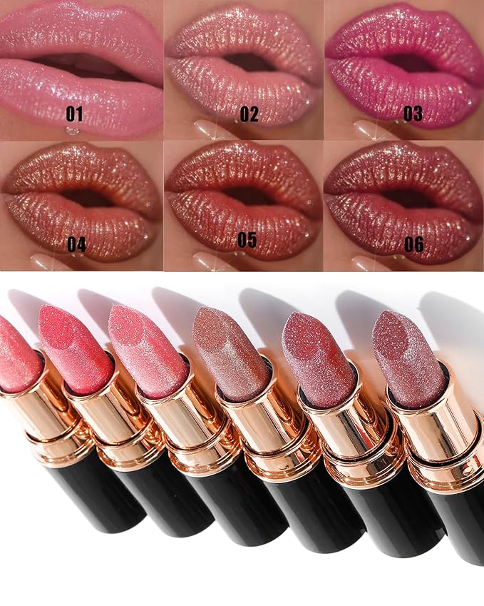 Metallic Glitter Lipstick Set Long Lasting,3 Pcs Diamond Shimmer Lip Gloss Pink Brown Red Rose Red Matte Lip Stick for Women,Sparkling Shiny Transfer Proof Non Stick Tinted Lip Balm Color Makeup-Set A