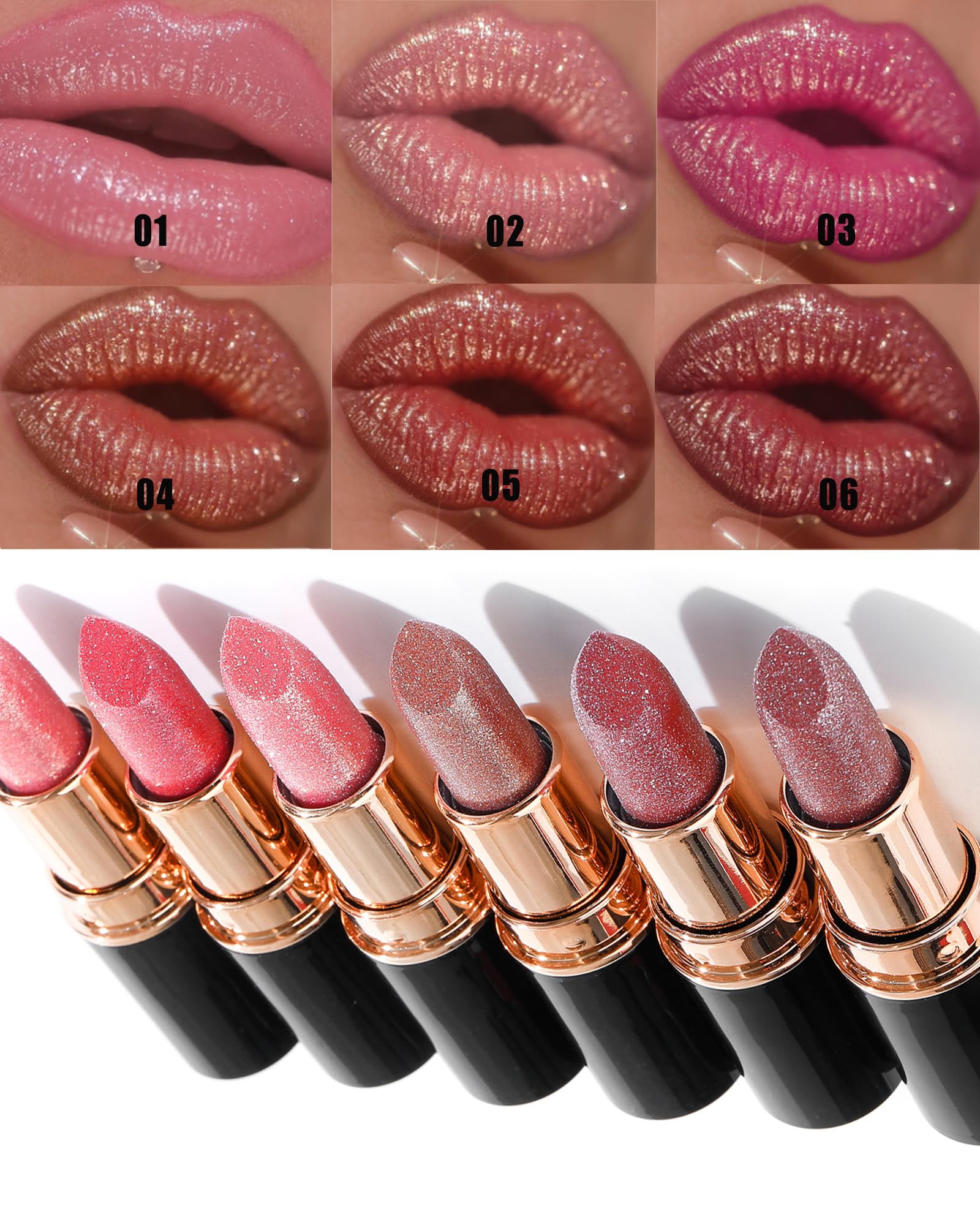 Rose Pink Metallic Glitter Lipstick Long Lasting,Diamond Nude Shimmer Lip Gloss High Pigment Lip Red Color Matte Lip Stick for Women,Sparkling Shiny Transfer Proof Non Stick Tinted Lip Balm Makeup-03