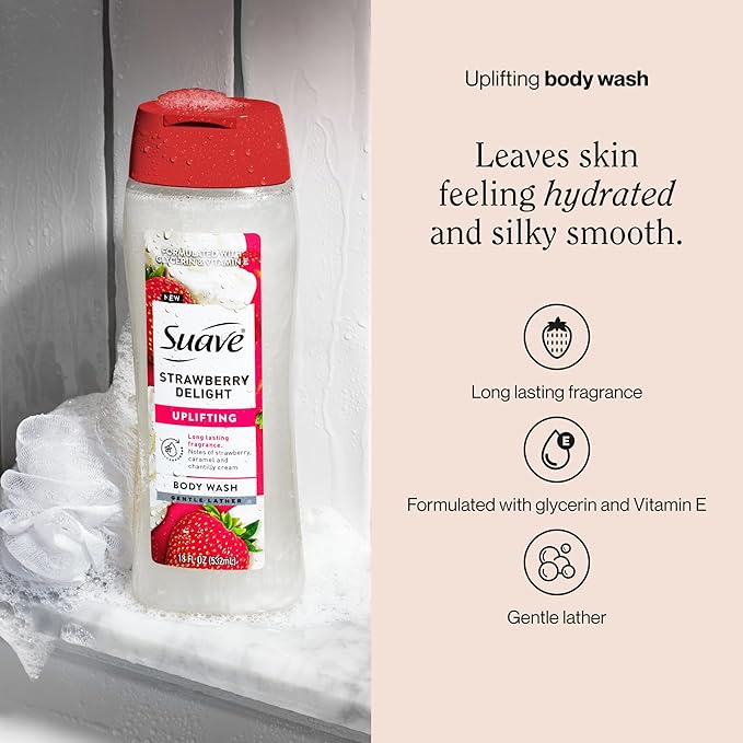 Suave Strawberry Delight Uplifting Body Wash, Formulated with Glycerin and Vitamin E for Hydrating and Gently Cleansing Skin, 18 FL OZ, 6 Pack