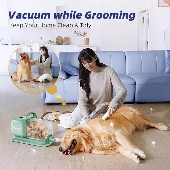 Buenkee Dog Grooming Vacuum Kit, 15000Pa Clipper, Shedding Brush, 2L, Green