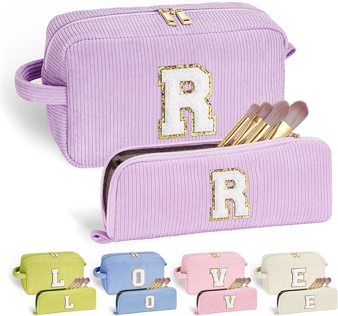 YOOLIFE Personalized Corduroy Makeup Bag - Cute Cosmetic Bags for Women & Teenage Girls Travel Essentials - Mom, Daughter & Friend Gifts - Letter R