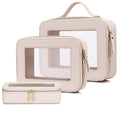 Pinkmik Clear Makeup Bag with Brush Bag 3pcs Waterproof Travel Case for Cosmetics and Toiletries Women's Makeup Organizer with Zipper (Beige, L+M+SLIM)