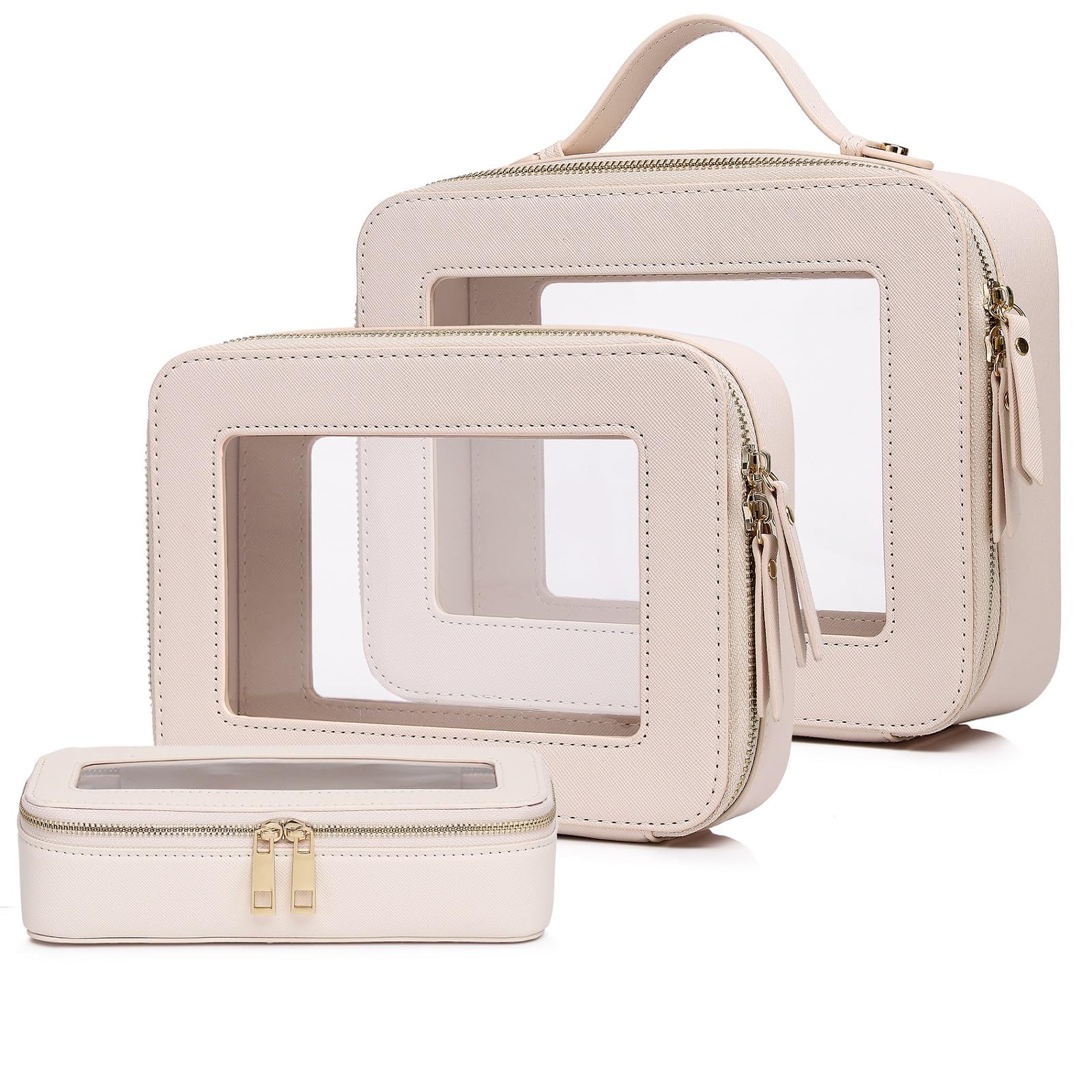 Pinkmik Clear Makeup Bag with Brush Bag 3pcs Waterproof Travel Case for Cosmetics and Toiletries Women's Makeup Organizer with Zipper (Beige, L+M+SLIM)