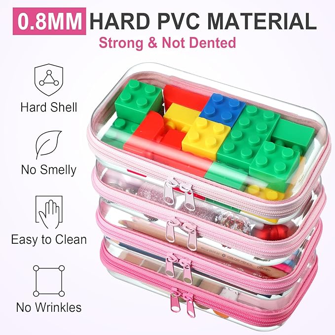 Hoolerry 4 Pcs Hard Clear Zipper Case Makeup Bags Plastic Zipper Pouch Transparent Storage Box Containers for Cosmetics, Snacks, Building Blocks, Puzzles(Clear,7.5 x 3.9 x 2 in,Pink)