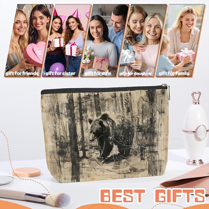 Scribesense Makeup Bag Travel Cosmetic Bags Small Makeup Case Waterproof Zipper Pouch for Women Girls 7X9inches - Brown Bear Roaming Through A Textured Forest