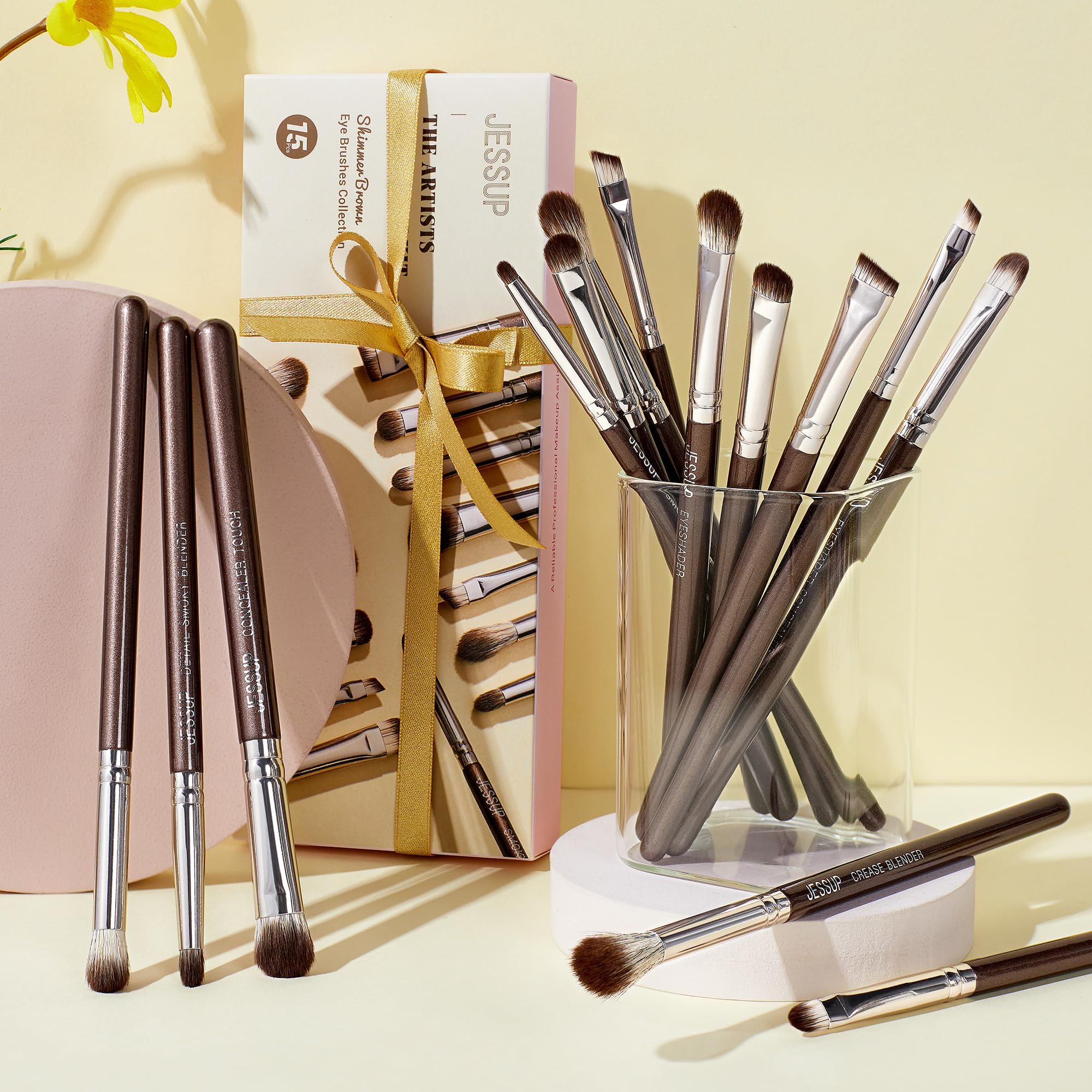 Jessup Eye Makeup Brushes Set Professional 15pcs Brown Eyeshadow Brush Eyebrow Concealer Eyeliner Blending Brush for Makeup Premium Synthetic Eye Brush Set, T499