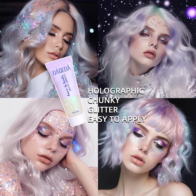 DAGEDA White Body Glitter Gel, Sparkly Hair Face Glitter Makeup Accessories