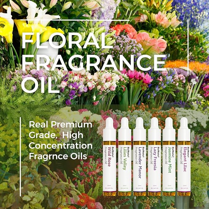 Benatu Floral Premium Fragrance Oils Set for Diffuser, Candle, Soap Making - Spring Scents Aromatherapy Perfume Oil Gift for Home (Rose, Lily, Lavender, Freesia, Jasmine, Lilac) 6 Pcs