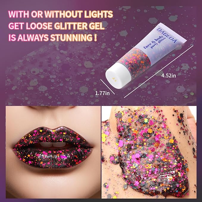 DAGEDA Halloween Black Body Glitter Gel,Sparkly Hair Face Glitter Makeup