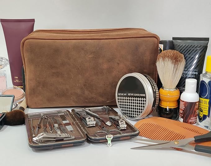 Leather Travel Toiletry Bag for Men, Full Grain Cosmetic Dopp Kit Organizer