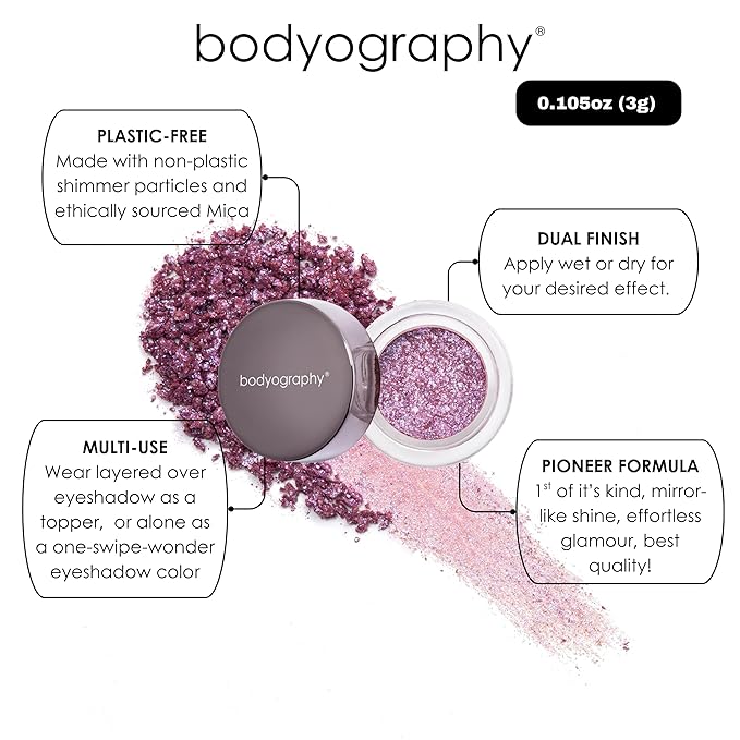 Bodyography Glitter Pigment Eye Shadow | Long Wear Shimmer Eyeshadow | Vegan, Talc & Paraben Free | Cream Powder Formula | Stratus (Champagne/Pink) 1.5 g