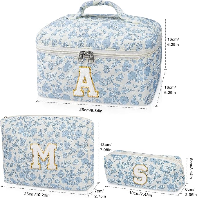 Initial Makeup Bag Set, Personalized Quilted Makeup Bag, Large Floral Cosmetic Bag for Women, Cute Cotton Custom Make up Bags, Flower Travel Toiletry Bag Teen Girl Gift Blue Flower M