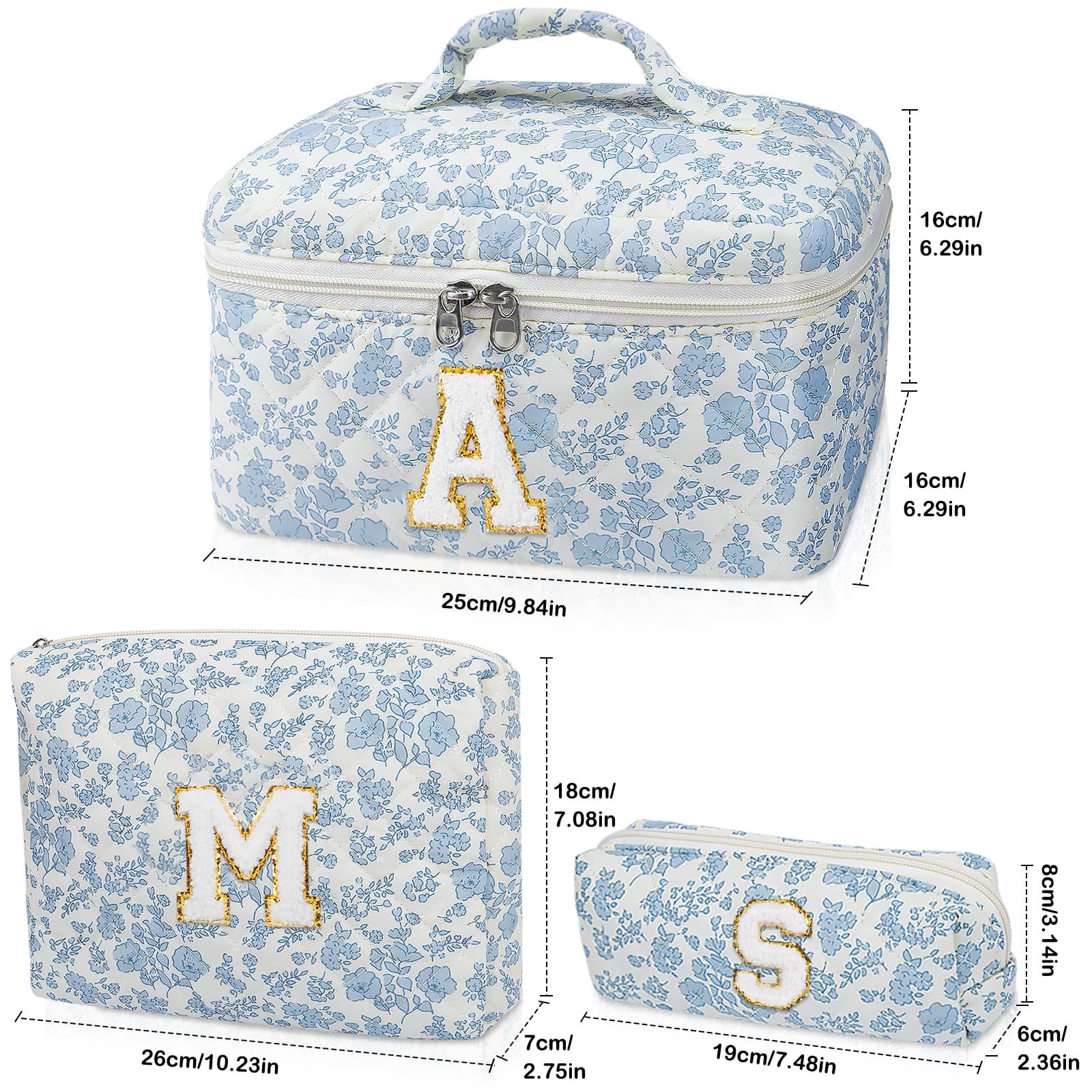 Junesters Initial Makeup Bag Set, Personalized Quilted Makeup Bag, Large Floral Cosmetic Bag for Women, Cute Cotton Custom Make up Bags, Flower Travel Toiletry Bag Teen Girl Gift Blue Flower K