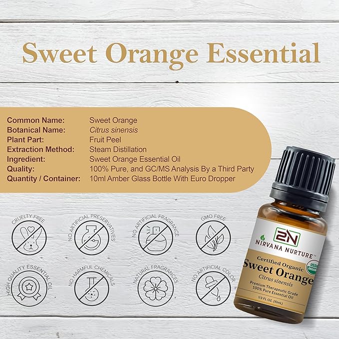 Nirvana Nurture Sweet Orange Essential Oil, USDA Certified Organic, 100% Pure Undiluted, Aromatherapy Oil for Diffuser, Hair & Skin Care