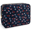 Nylon Large Floral Makeup Organizer Bag, Preppy Big Cute Flower Cosmetic Zipper Pouch Multi-compartment with Dividers, Waterproof Toiletry Makeup Brushes Travel Essentials for Women(Navy Blue-Flower)