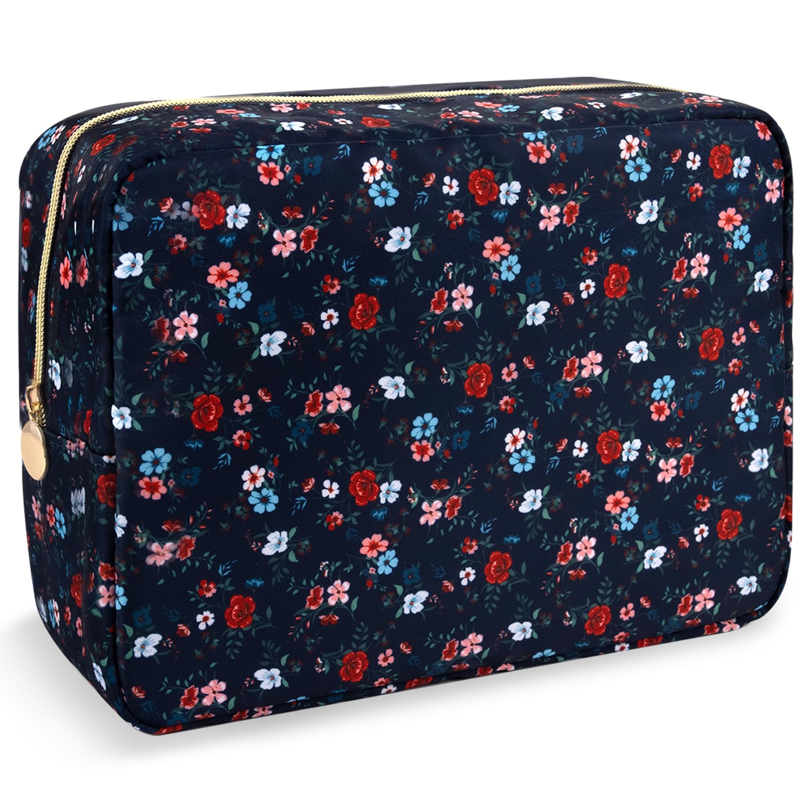 Nylon Large Floral Makeup Organizer Bag, Preppy Big Cute Flower Cosmetic Zipper Pouch Multi-compartment with Dividers, Waterproof Toiletry Makeup Brushes Travel Essentials for Women(Navy Blue-Flower)