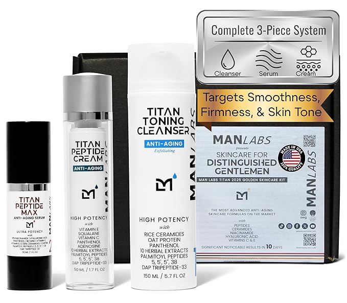Man Labs Titan Peptide Mens Skin Care Kit, 3pc Anti-Aging Facial Care Kit