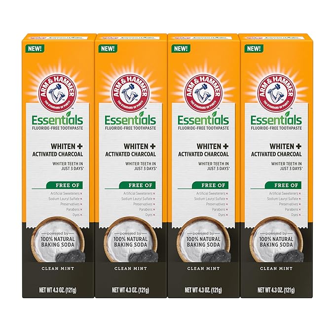 ARM & HAMMER Essentials Fluoride-Free Toothpaste, Whitening + Activated Charcoal Toothpaste, 4 Pack of 4.3oz Tubes, Clean Mint, 100% Natural Baking Soda