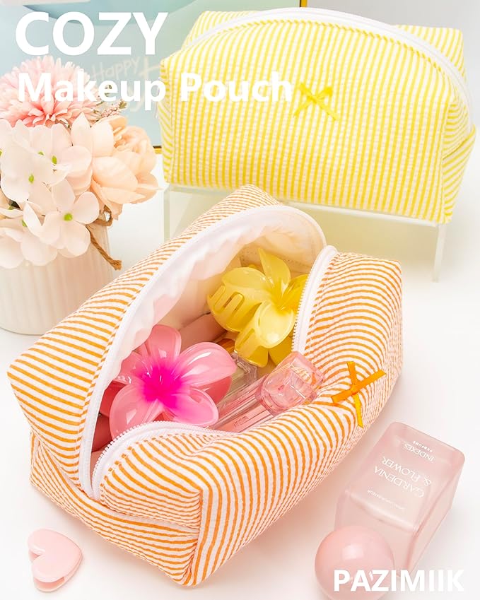 PAZIMIIK Cozy Makeup Bag for Women,Zipper Cosmetic Pouch,Stripe Orange