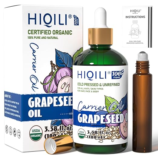 HIQILI Organic Grapeseed Oil Cold Pressed for Skin, Hair & Skin Care