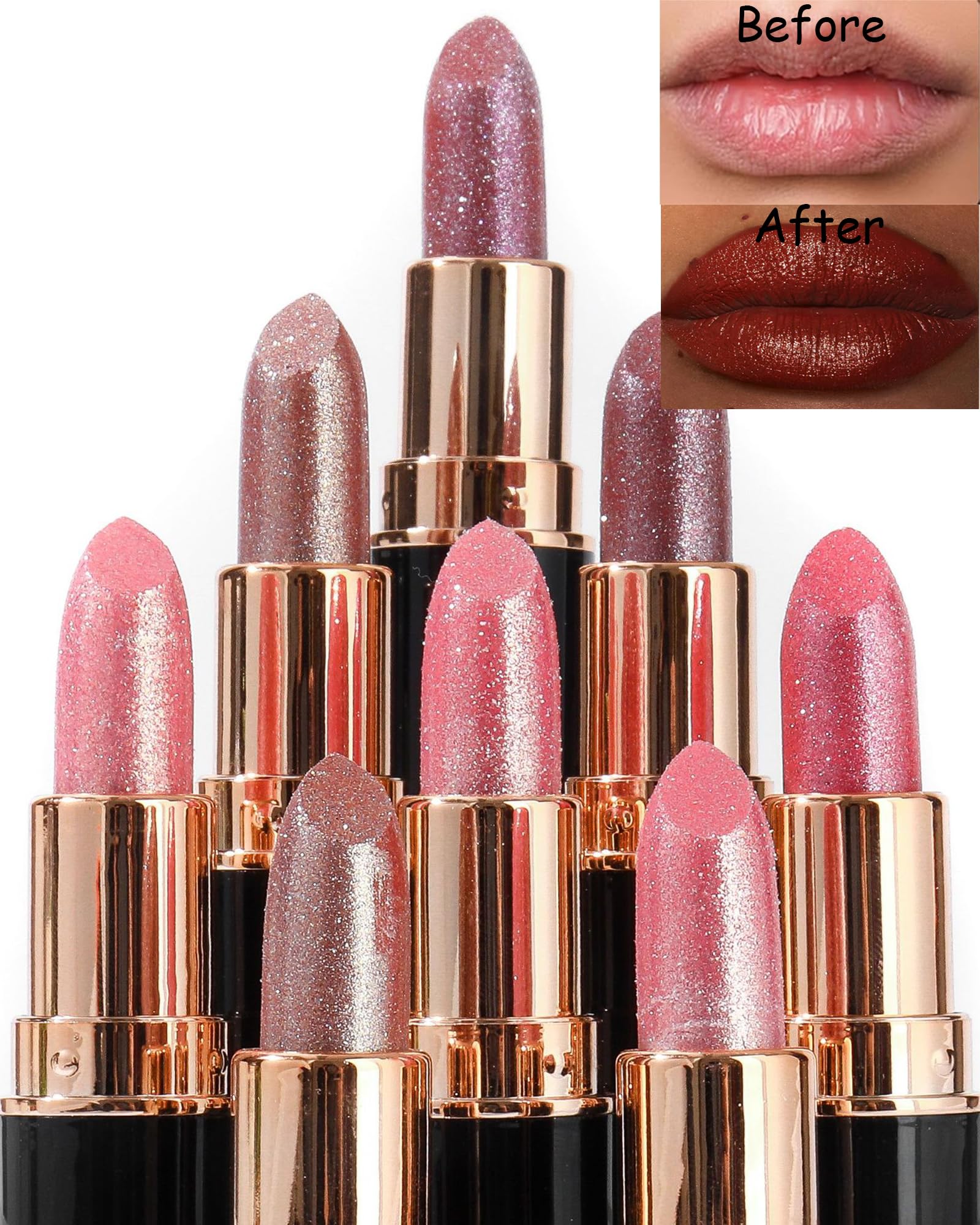 Metallic Rose Pink Glitter Lipstick for Women,Diamond Shimmer Lip Gloss,03