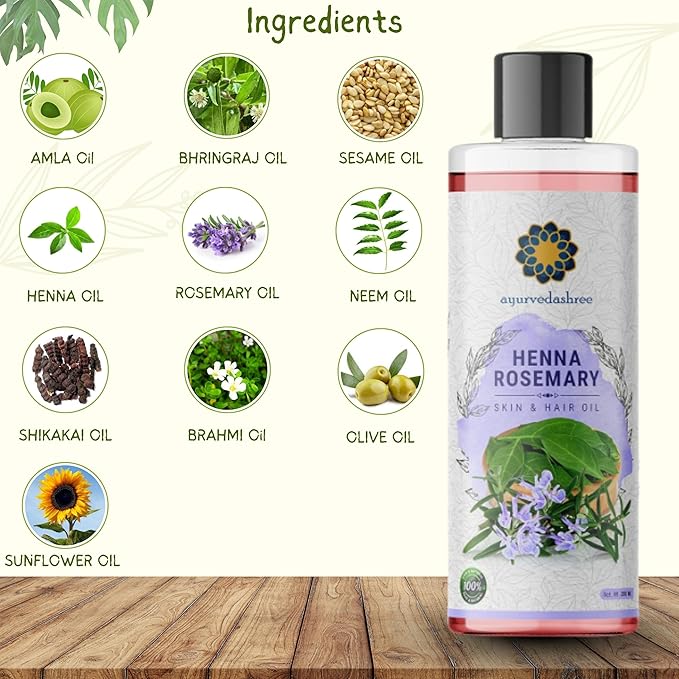 AYURVEDASHREE Henna Rosemary Hair Oil 200 ml, 6.76 fl oz with Neem, Shikakai, Bhringraj, Amla, Brahmi, Sesame, Olive & Sunflower Oils