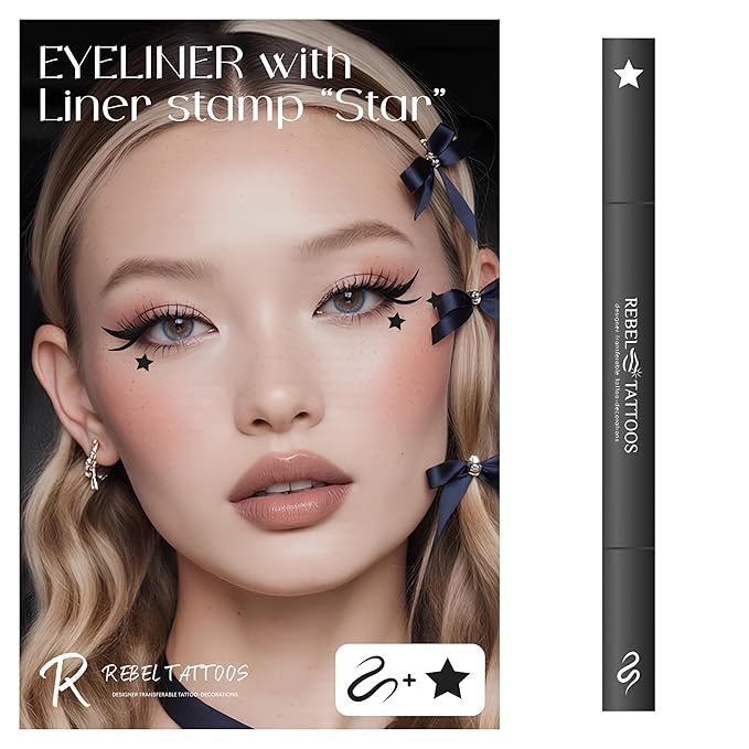 Rebel Tattoos 2-in-1 Eyeliner Stamp, Pigmented Intense Black Formula, Smudge-Budge Proof, Sweatproof, 24 Hour Stay Eyeliner Stamp Star Butterfly or Heart (Black Star)
