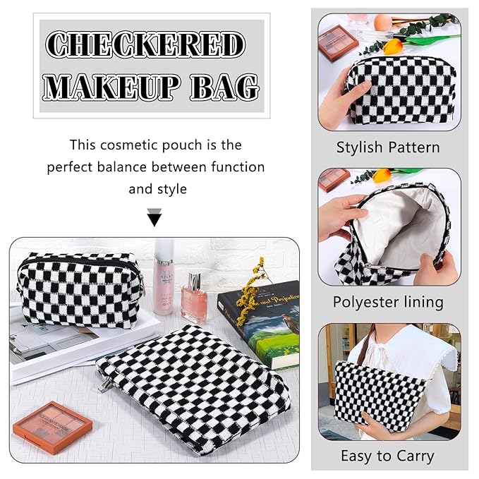 ZLFSRQ 2Pcs Checkered Makeup Bag for Women Large Small Travel Toiletry Bag Organizer Aesthetic Black Zipper Cosmetic Bags Cute Makeup Pouch for Purse Pencil Case Pencil Pouch Skincare Storage Bags