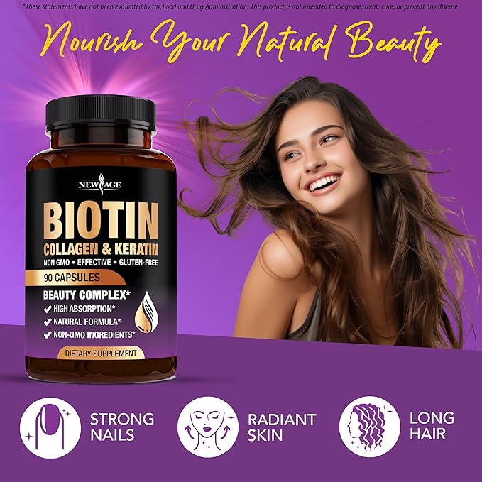 NEW AGE Biotin Collagen Keratin Hyaluronic Acid - Hair Growth Vitamins for Men and Women, Nails, Hair, Skin Vitamins and DHT Blocker with Vitamin E Folic Acid Pumpkin Seed MSM- 180 Count