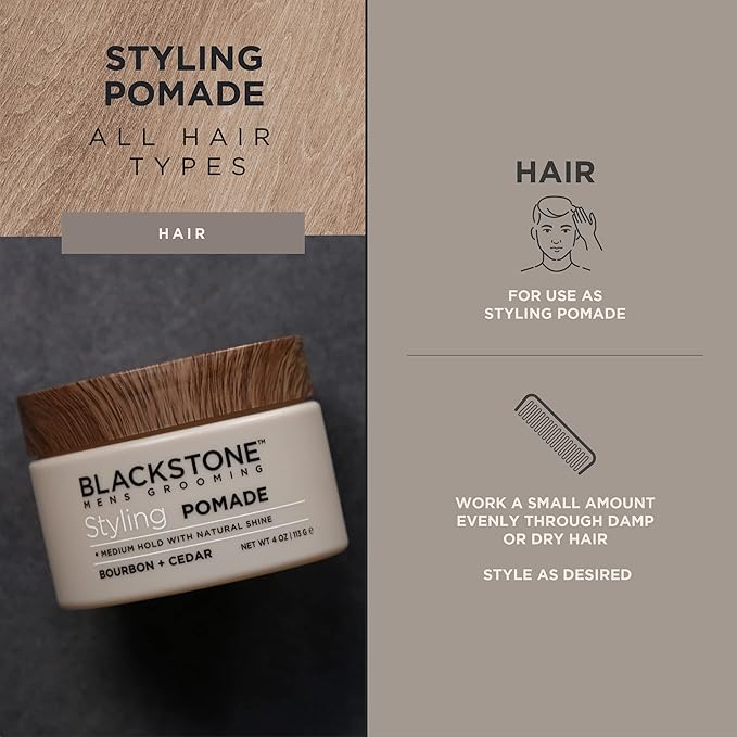 Blackstone Men's Grooming Hair Styling Pomade - Medium Hold with Natural Shine | Bourbon + Cedar (4 oz)