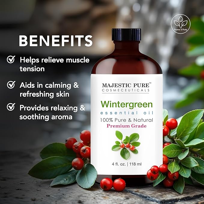 Majestic Pure Essential Oil with Glass Dropper - 100% Pure and Natural - Essential Oils for Diffuser, Aromatherapy, Soap and Candle Making, Wintergreen Essential Oil, Wintergreen Oil, 4 Fl Oz
