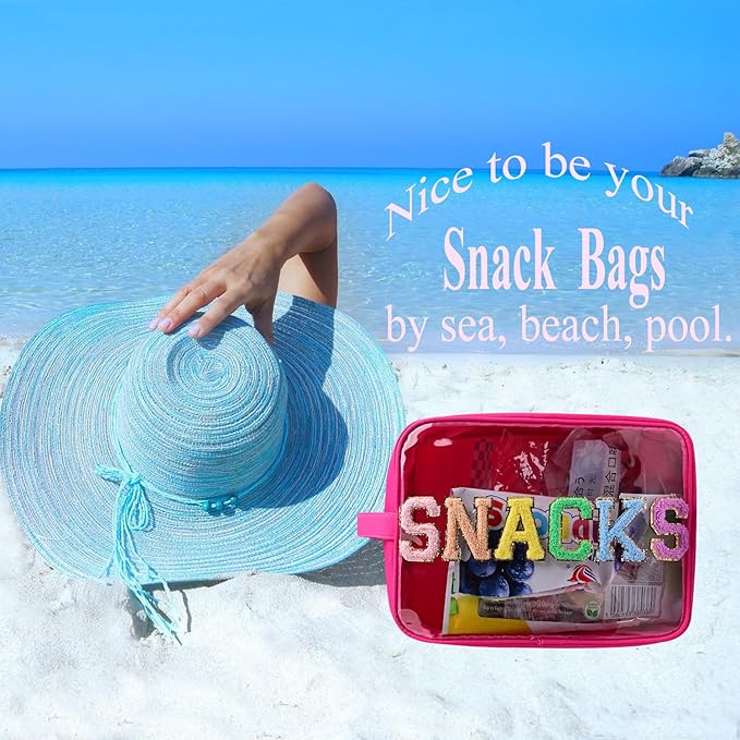 YogoRun Snack Bags Clear Makeup Bag Large Suncreen Bag Travel Toiletry Bag Chenille Glitter Nylon Cosmetic Pouch (XL, Hot Pink-Snacks)