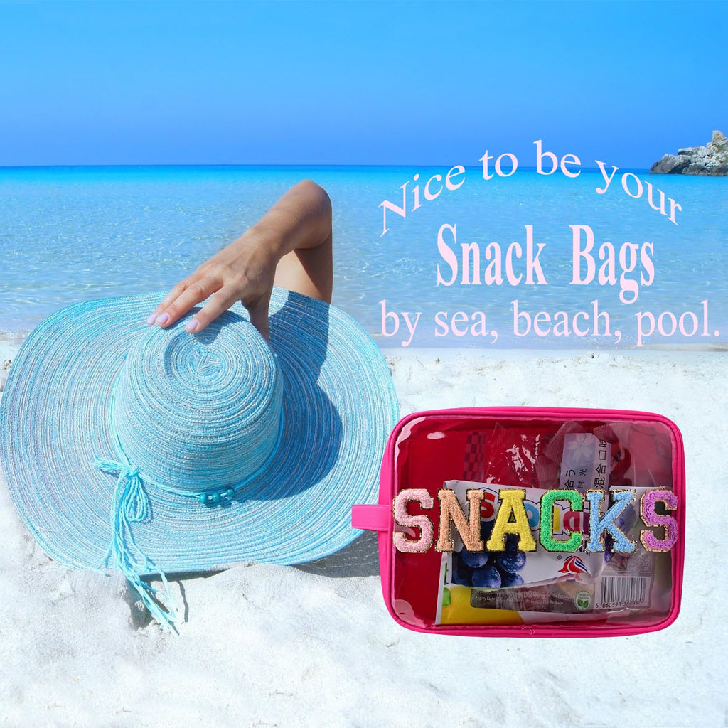 YogoRun Snack Bags Clear Makeup Bag Large Suncreen Bag Travel Toiletry Bag Chenille Glitter Nylon Cosmetic Pouch (XL, Hot Pink-Snacks)
