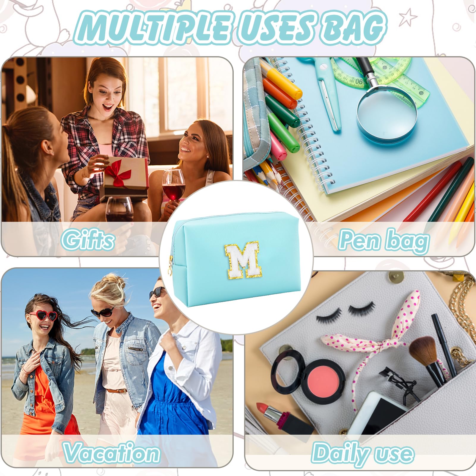 URSKYTOUS Gifts for Girls Initial Makeup Bag Personalized Cosmetic Bag with Zipper Cute Travel Toiletry Bag Waterproof PU Preppy Makeup Pouch Birthday Gift for Teen Girls Women(Blue M)