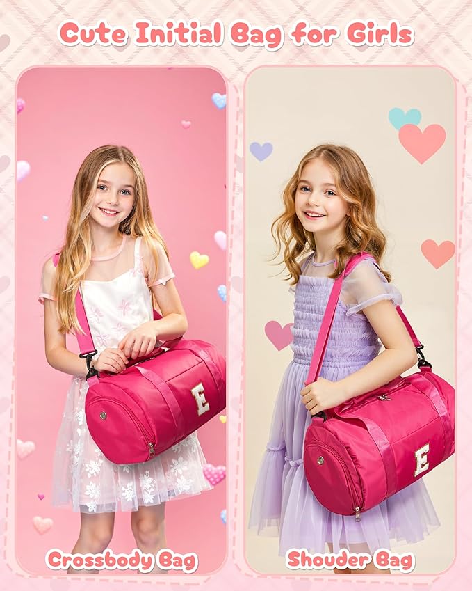 4 Year Old Girl Birthday Gift, Girls Travel Duffel Bag, Kids Initial Overnight Bags with Shoe Compartment, Customized Sport Gym Weekender Bag with Makeup Pouch, Gifts for Teens (Letter E)