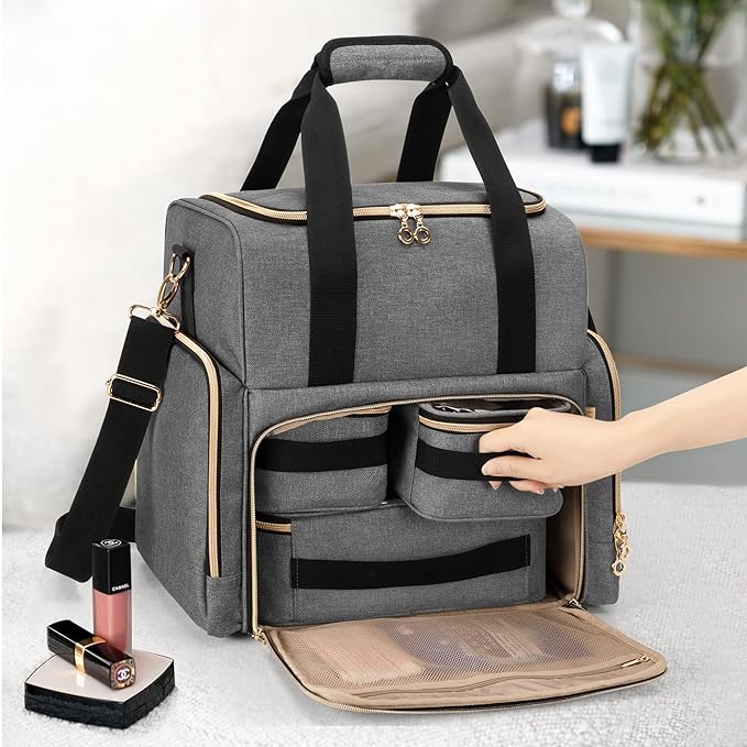 LUXJA Large Travel Makeup Bag with 3 Removable Makeup Cases, Gray