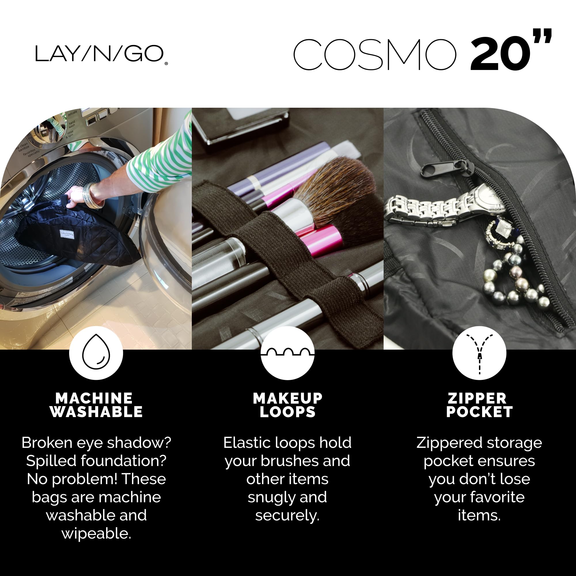 Lay-n-Go Cosmo Layflat Drawstring Cosmetic & Makeup Bag Organizer w/Zipper Pocket, Brush Loops & More, Cinch to Close, Lay Flat to Use, Durable, Machine Wash, Travel Toiletry Bag (20", Navy)