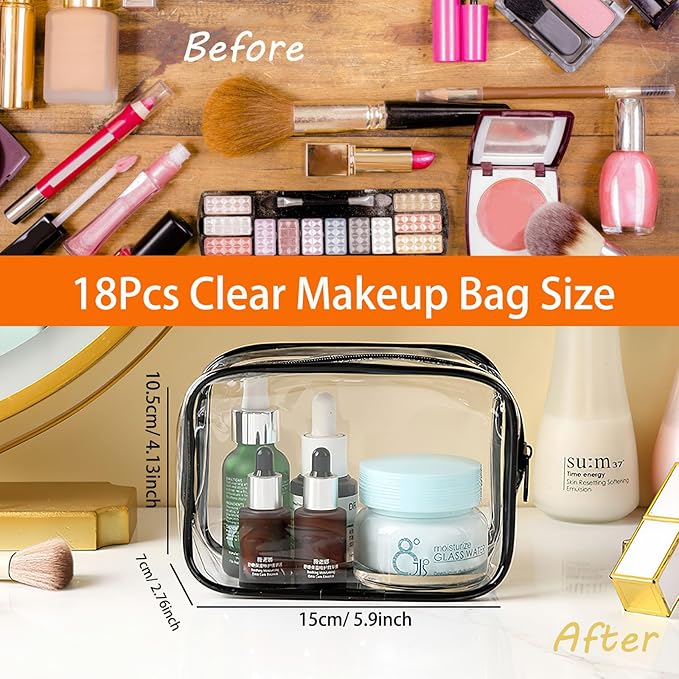 YOQIVEXU 18 Pieces Clear Cosmetics Bag Bulk, TSA Approved Toiletry Bag for Travel, Clear Zippered Cosmetic Makeup Pouch, Waterproof Vinyl Plastic Organizer Case for Vacation Bathroom (Small)