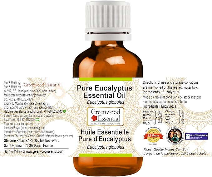 Greenwood Essential Pure Eucalyptus Essential Oil (Eucalyptus globulus) Steam Distilled (Pack of Two) 100ml X 2 (6.76 oz)