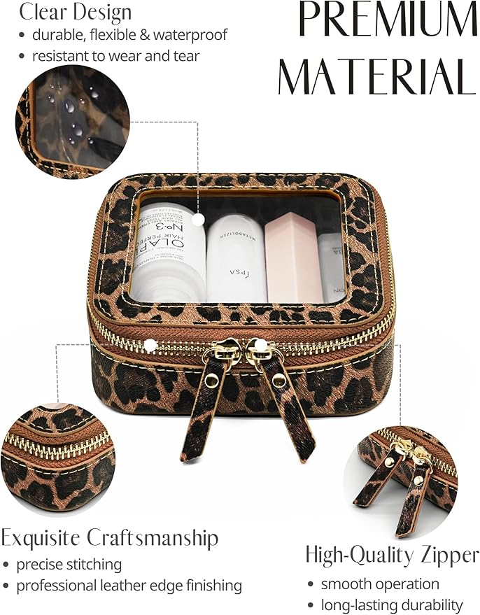 Small Makeup Bag Clear Mini Pouch Cosmetic Case Travel Leopard Make Up Bag for Purse Accessories Cheetah Print Travel Clear Case for Car Essentials Women Cute Leather Little Cosmetic Pouch with Zipper