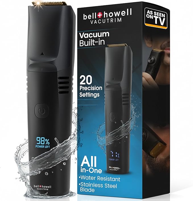 Bell+Howell Vacutrim Deluxe Cordless Mens Beard Trimmer, Rechargeable Electric Shaver with 20 Trim Setting and Built-in Vacuum for Mustache, Sideburns. Facial Hair, Black, 7.5", As Seen On TV
