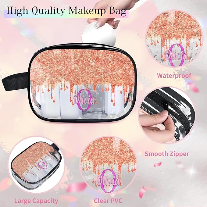 KFNHN Custom Name Makeup Bag Travel Bag, Clear Toiletry Bag Travel Large Capacity Cosmetic Container Organizer for Shampoo, Glittering Orange Curtain Bling