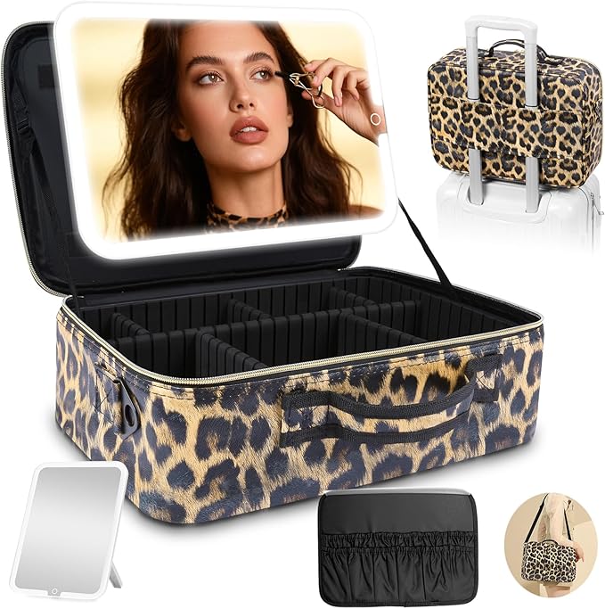 15''X11'' Large Makeup Bag with Removable Lighted Mirror, PU Leather