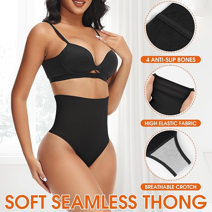 Niceuare Tummy Control Thong Shapewear for Women High Waist Body Shaper Underwear Seamless Comfortable Panty Thong（Black，Large