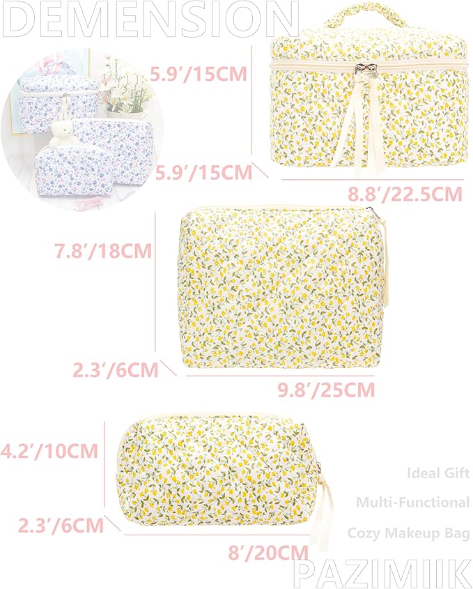 3 Piece Quilted Makeup Bag Set for Women,Cosmetic&Toiletry,Floral Yellow