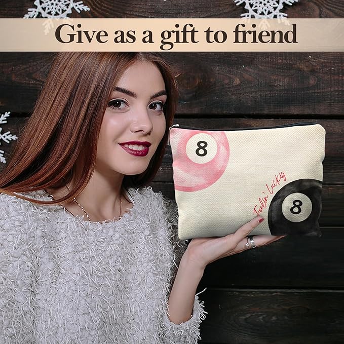 Likjad Retro Pink and Black Lucky 8 Ball Makeup Bag, Funky Preppy Cosmetic Bags for Women, Preppy Stuff Makeup Pouch, Feeling Lucky Zipper Pouch