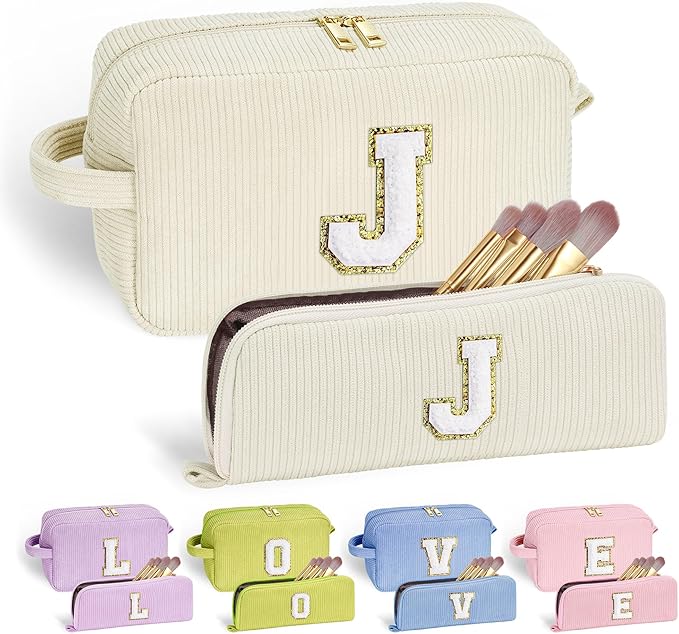 YOOLIFE Teen Girl Gifts Trendy Stuff - Travel Makeup Bag Makeup Bags for Women Cosmetic Bag with Brush Pouch Cute Makeup Bag Personalized Sister Daughter Girlfriend Gifts for Women Her White Letter J